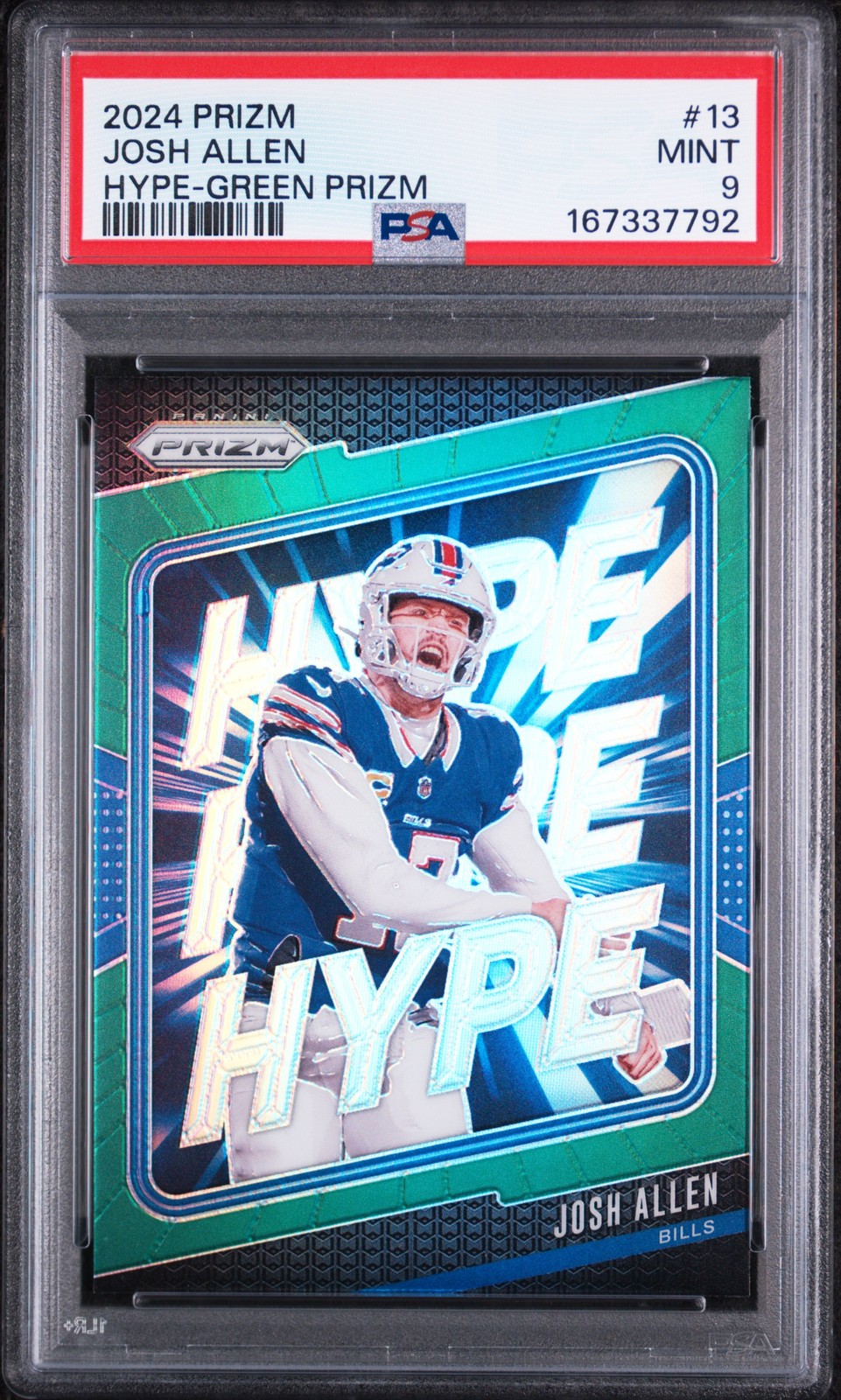 167337792 Josh Allen 2024 Panini Prizm #13 Green Hype PSA 9 view 1