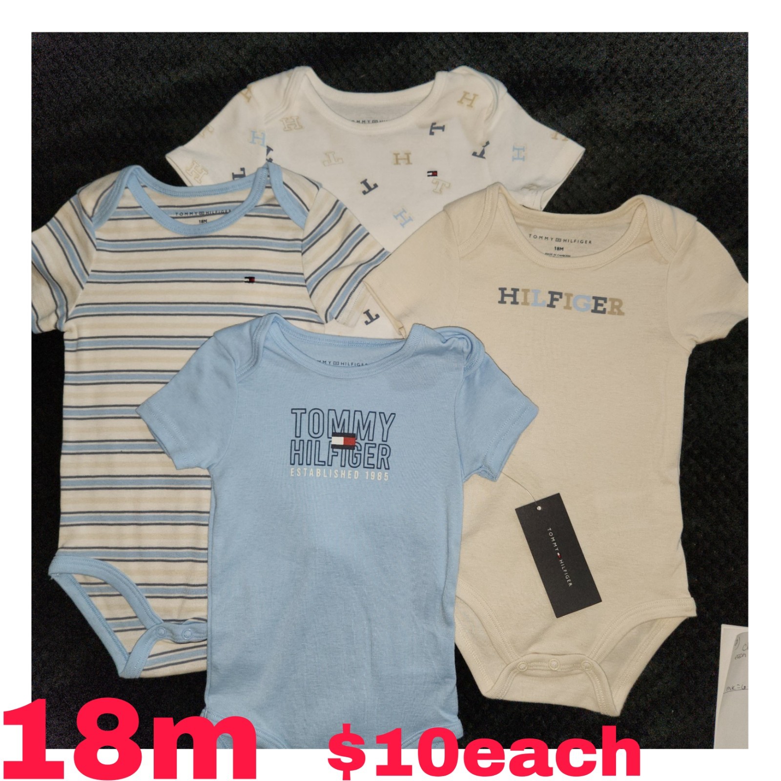 TOMMY HILFIGER set of 4 Short Sleeve Graphic Print Bodysuits, Baby Girl 6-9 mths