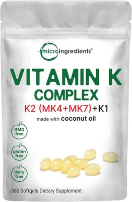 Super Vitamin K Complex (K2 MK7 + MK4 & K1), 360 Coconut Oil Softgles | Easily A