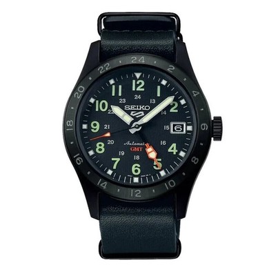 Seiko 5 Sports Automatic GMT Black Dial Leather Strap Watch SSK025 New