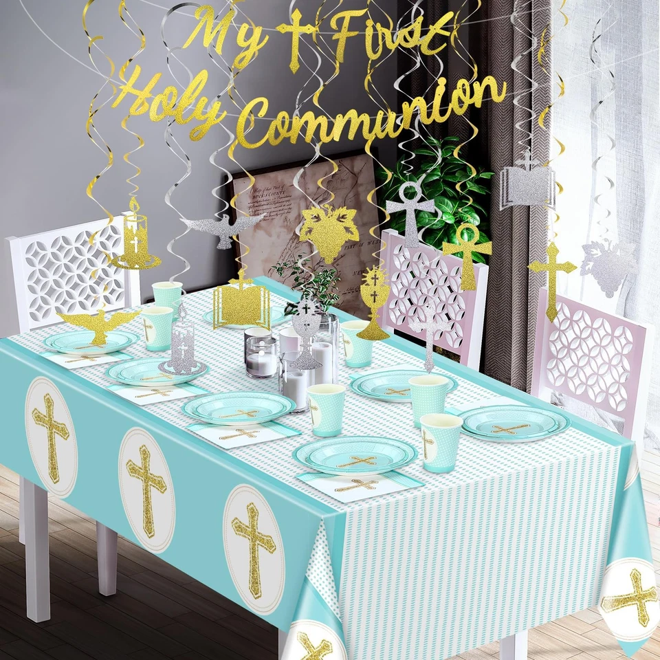 Suministros para fiestas de bautizo para niños, incluye juego de 24 platos azules servilletas y cruz... Foto 4 de 4