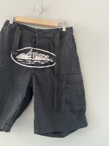 Corteiz Guerillaz Men's Cargo Shorts Black Size Medium Pockets Belt - Picture 3 of 15