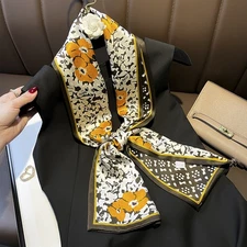 Double Sided 100% Pure Silk Long Scarf Women Black Flowers Neckerchief 150*15cm
