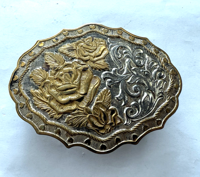 Vintage CRUMRINE Western Roses Belt Buckle Silver Plated 