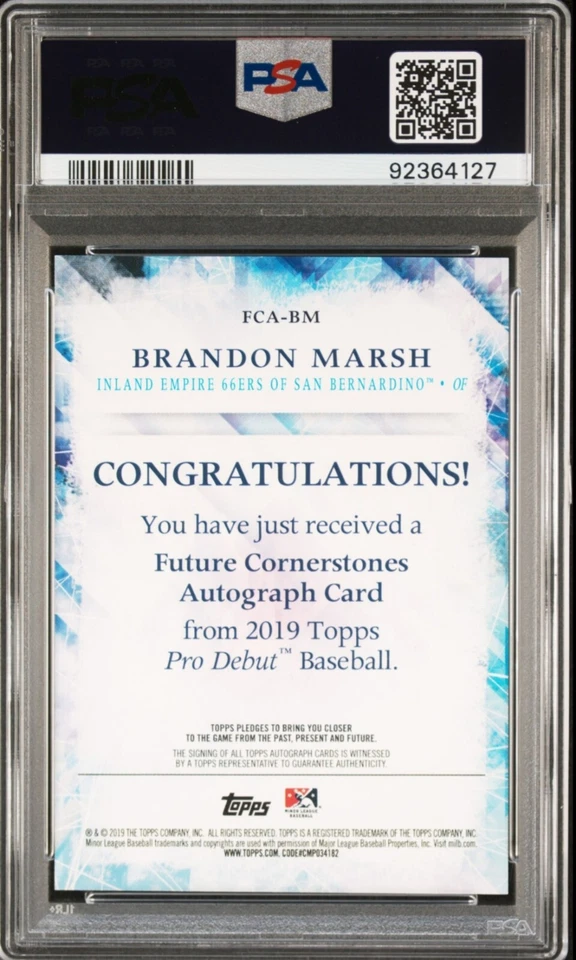 Brandon Marsh PSA 10 Auto 2019 Topps Future Cornerstones POP 2 Phillies #d /60  - Image 2 of 2