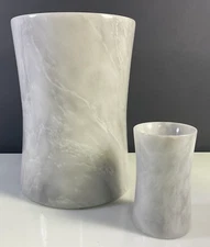 White Marble Waste Bin + Tumbler 2-PCS Set Bathroom Accessory