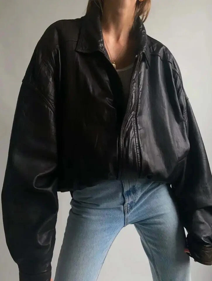 90's Women's Handmade Oversized Real Leather Black Bomber Jacket