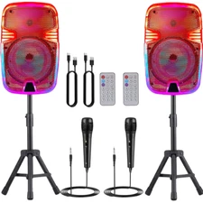 2 Sets Portable Party Bluetooth Speaker 8" Subwoofer Bass Led Tws Fm W/Mic Stand