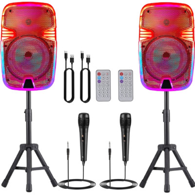 2 Sets Portable Party Bluetooth Speaker 8'' Subwoofer Bass Led Tws Fm W/Mic Stand