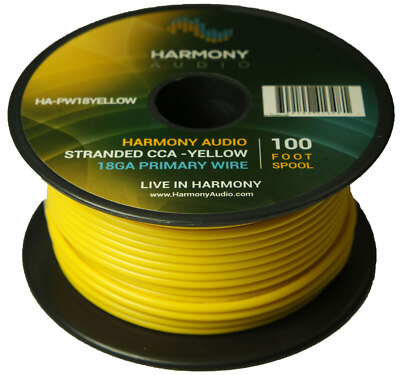 Harmony Car Primary 18 Gauge Power or Ground Wire 100 Feet Spool Yellow Cable