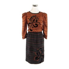 Light brown black polka dot embroidered vintage dress S