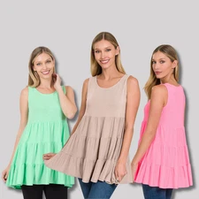 Sleeveless Tiered Ruffle Soft Rayon Tunic Baby Doll Long Flowing Tank Top Zenana