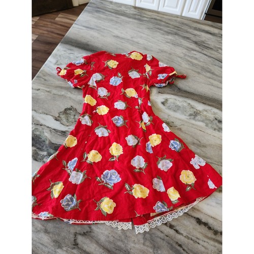 VTG Rose Cottage Floral Dress Button Front Short Sleeve Lace Trim Red Size 4 - Picture 9 of 11