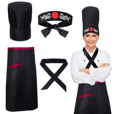 Hibachi Chef Tall Hat Apron Costume Set Headband Tie Japanese Cuisine