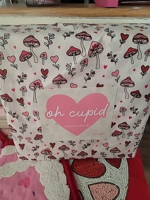 NWT Oh CupidC Queen 4pc Sheet Set Love & Mushrooms with Hearts SHROOMS