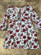 American Eagle Dress Women Small Gray Red Floral Mini A Line Boho Long Sleeve