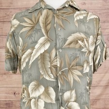 Pierre Cardin Shirt Mens L Green Floral Hawaiian Short Sleeve Button-Up Rayon