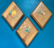 Set of 3 VTG Nursery Diamond Shape Wooden Pictures Baby Chick, Bunny, & Elephant