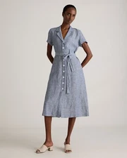 Quince Women 100% European Linen Button Front Dress Chambray Stripe XS