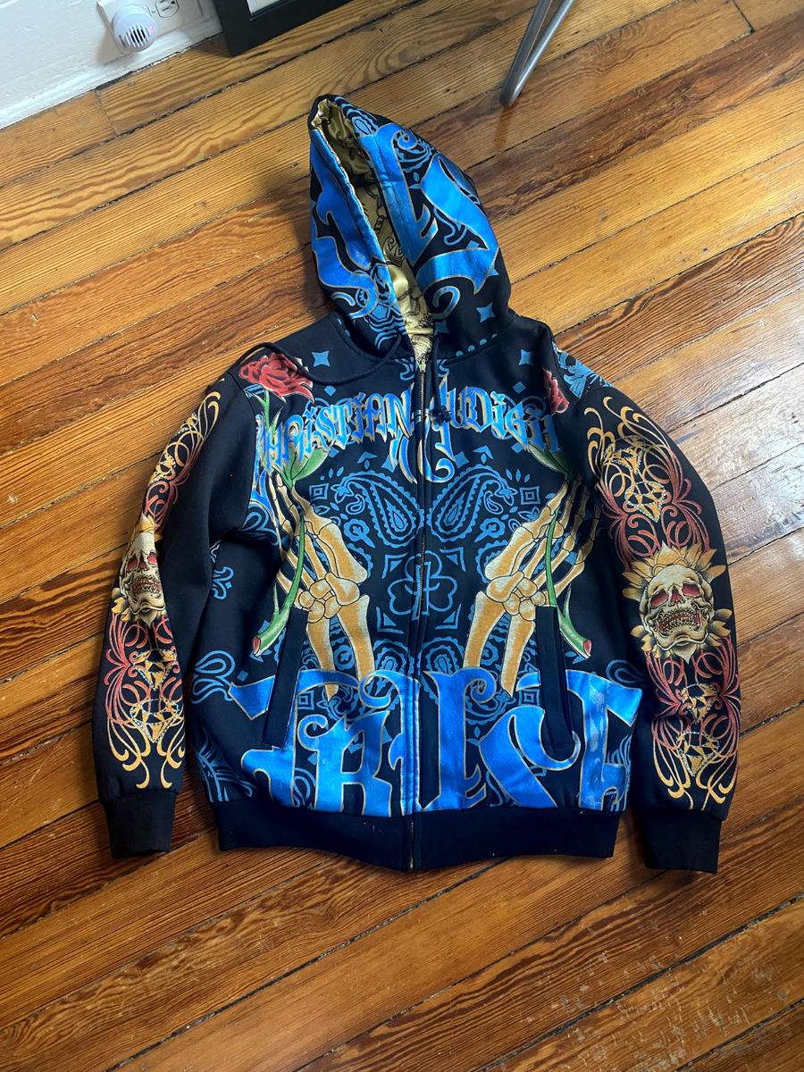 CHRISTIAN AUDIGIER 総柄 リバーシブル　y2k タトゥー　希少 Y2K Christian Audigier Los Angeles Skull rhinestone Full Zip