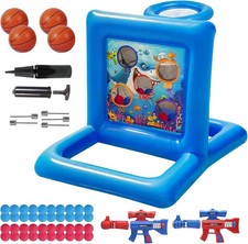 2-in-1 Inflatable Pool Basketball Hoop Game; Water Blaster Target Toy