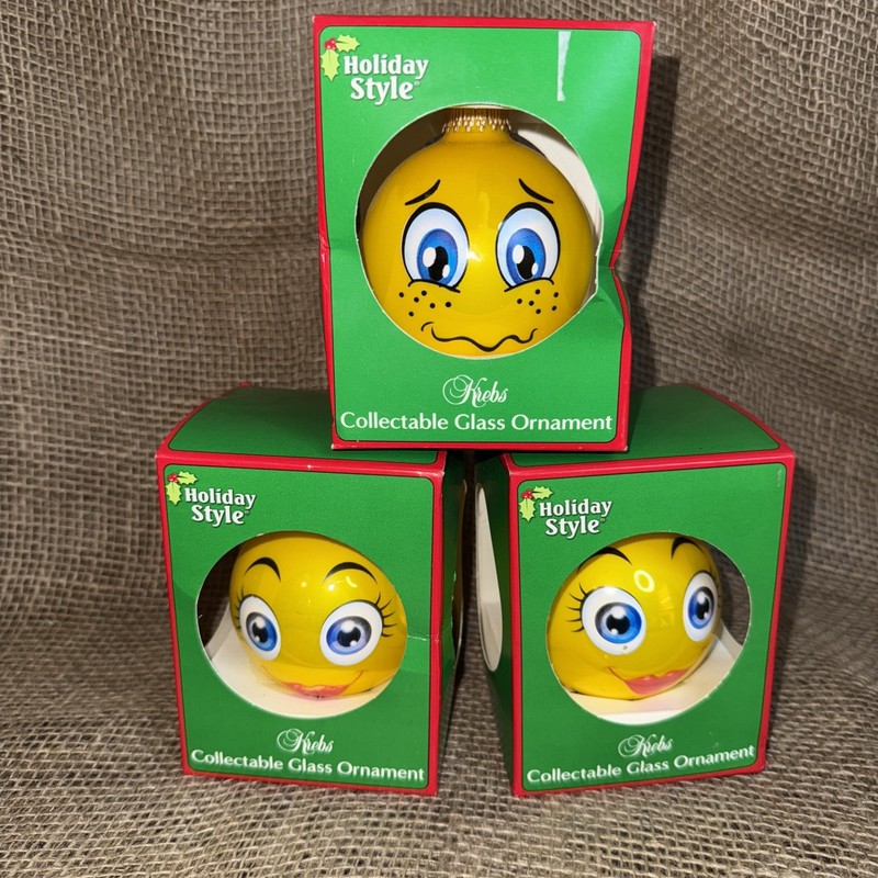 Set of 3 New Krebs Yellow Emoji Smiley Face Ornaments Glass Ball X1