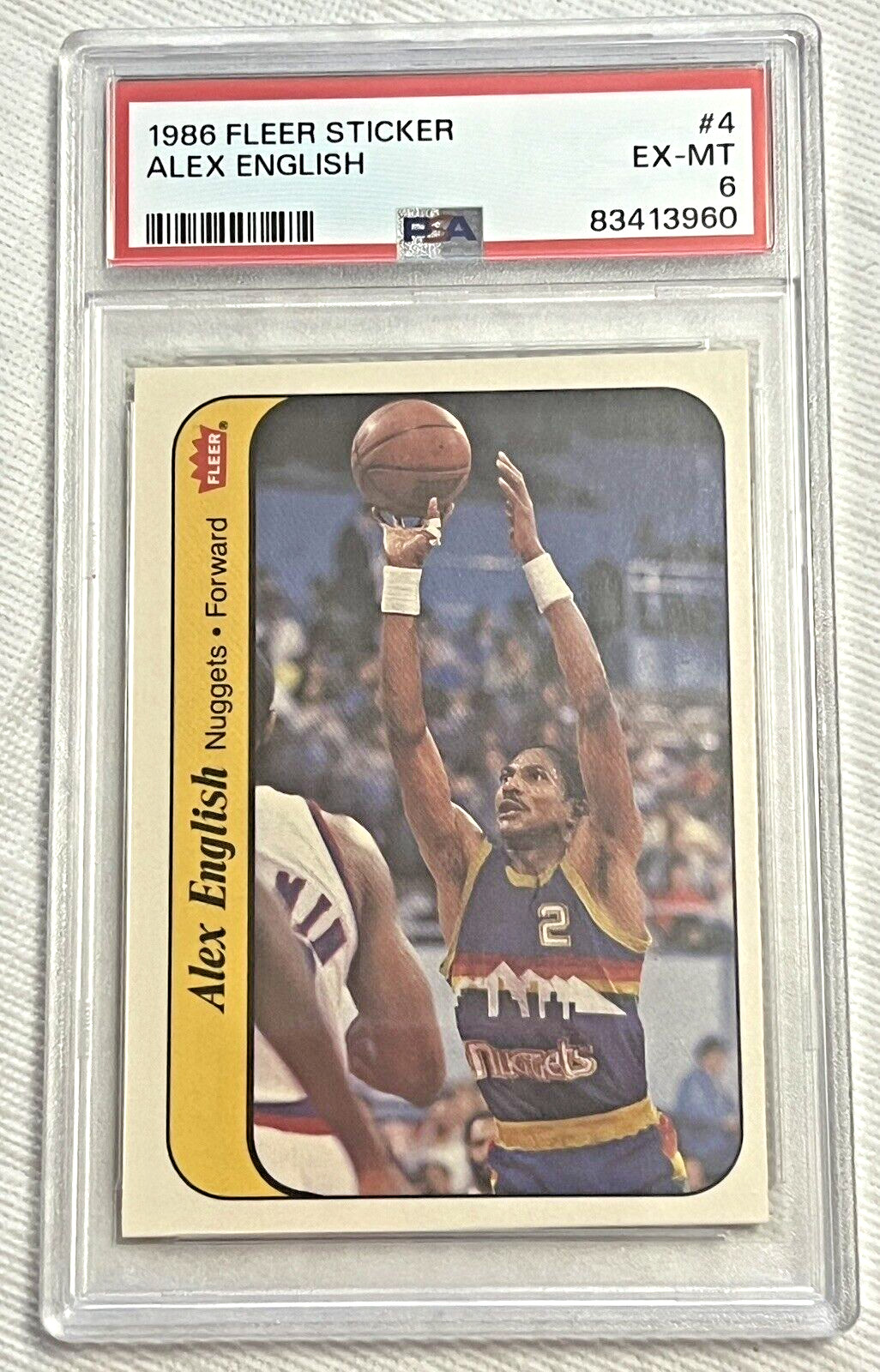 💥 1986 FLEER 🏀 Sticker 💥 Alex English #4 - Denver Nuggets - PSA 6 EX-MT