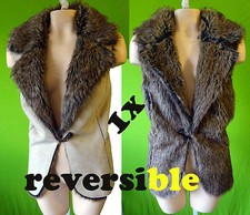 Fur Collar Reversible Vest Faux Suede 1x Xl Beige Horn Button Vegan Brown Xl 2
