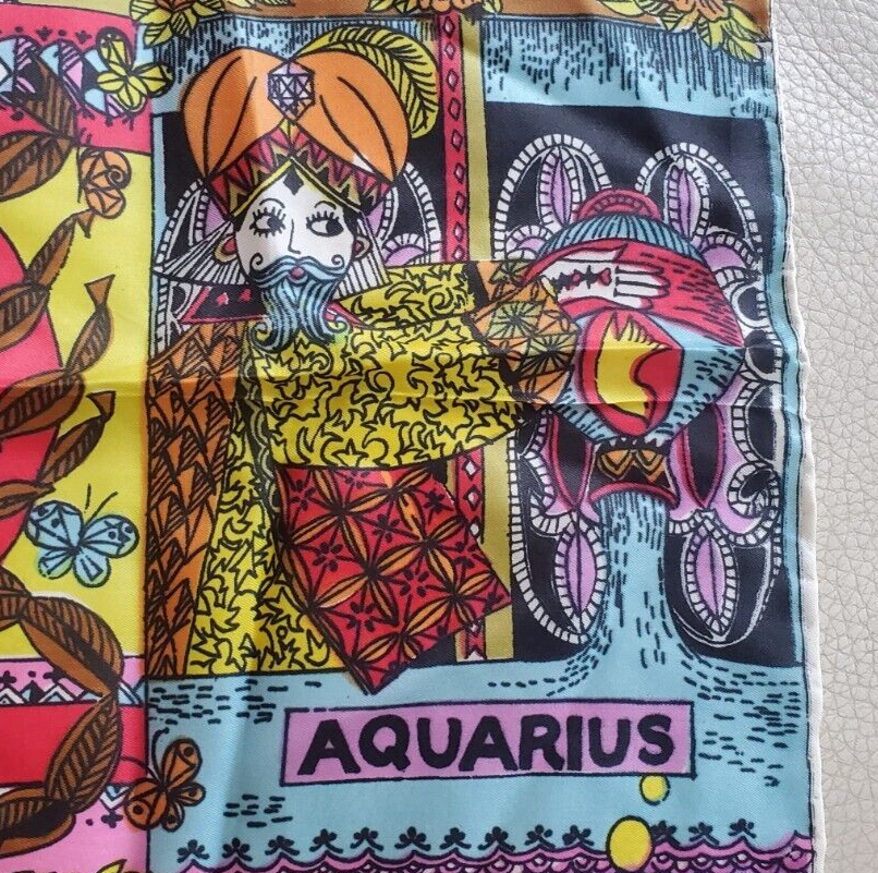 アンティーク　レトロ　スカーフ　skemo  aesotica Vintage 60s Zodiac PSYCHEDELIC Hand Rolled GLENTEX Silk