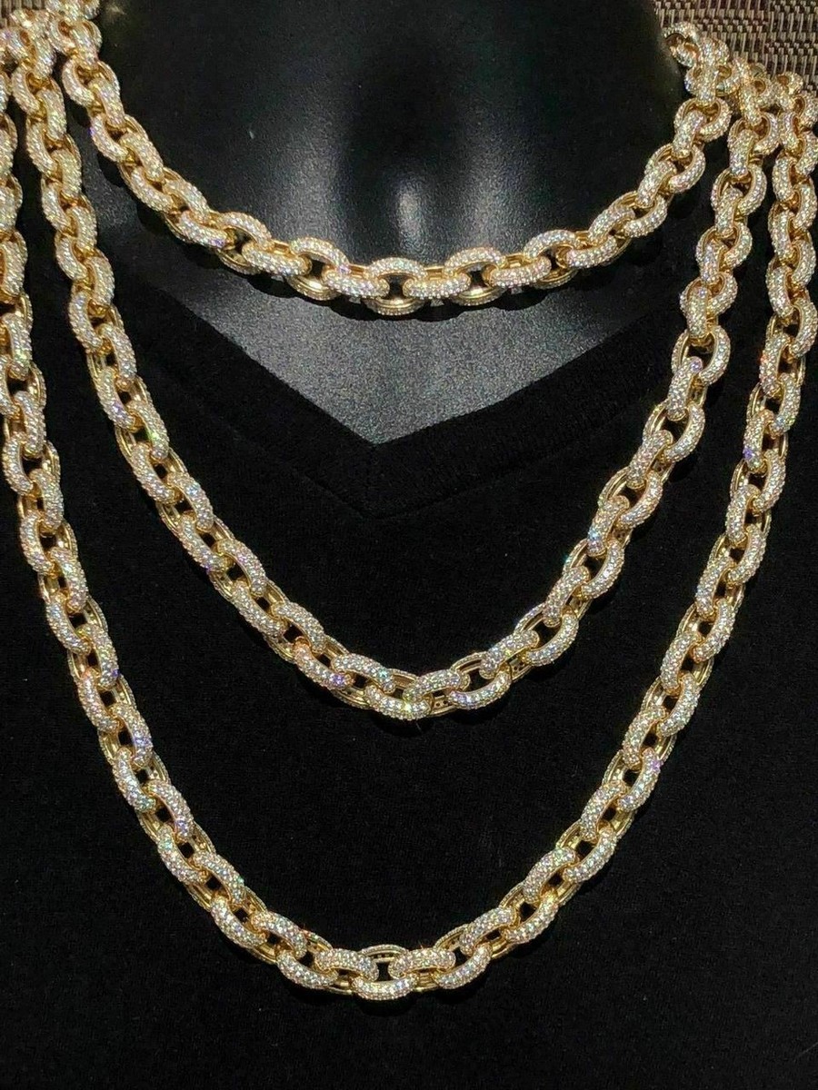 Mens Thick Heavy Rolo Chain 14k Gold Plated Solid 925 Sterling Silver Hip  Hop CZ