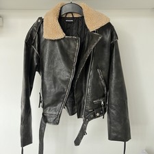 Plt Borg Collar Distressed Faux Leather Jacket, Size S