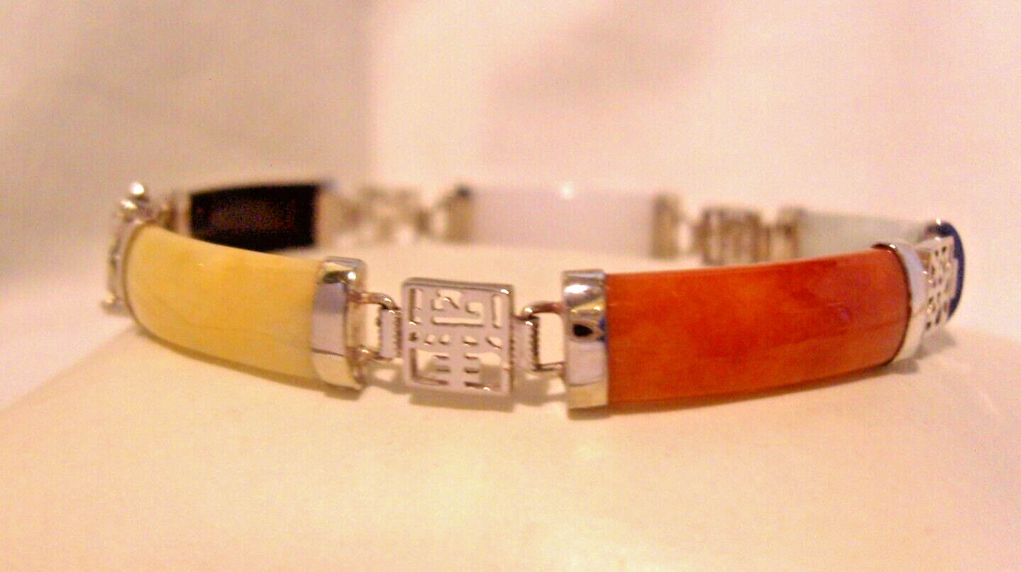 Vintage 1970s Silver 925 Bracelet with Multi-Colored Jade Panels 7.5 Length  -image