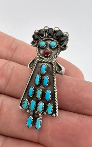 HUGE Vtg Zuni Sterling Silver Petit Point Turquoise & Coral & Onyx Kachina Ring - Picture 3 of 7
