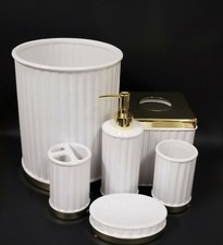 6 PC SET SNOW WHITE+GOLD 3D STRIPES PORCELAIN SOAP DISPENSER+DISH+TRASH+NAPKIN+2