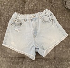 Zara Girls Cut Off Distressed Denim Shorts Front Dots Light Wash 11-12