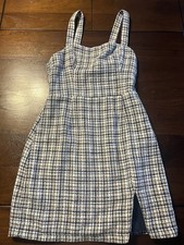 Abercrombie & Fitch Tweed Split Mini Dress Plaid Blue Cream Sz XS