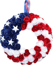Silk Roses 4Th of July Wreath, Red White Blue Patriotic Wreaths for Front Door,