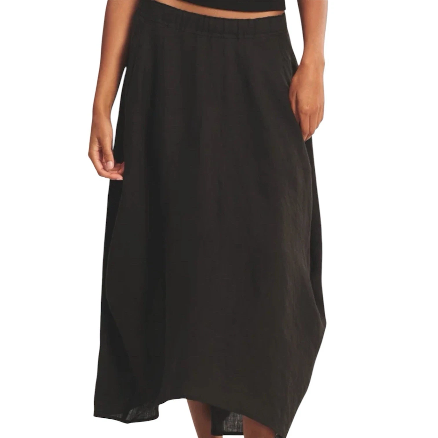 Match Point Vintage Asymmetrical Draped Black 100% Linen Midi Skirt Size XL Boho