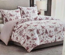 Aspen Home Cotton Quilt Set King Size 3pc Christmas Red Toile Santa Reindeer NEW