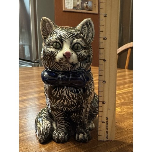 Vintage Green Eyed Blue Bow Tie Cat Planter MCM Japan - Picture 9 of 9