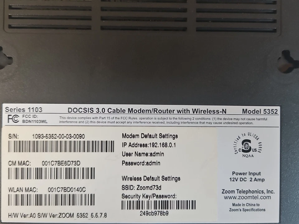 Zoom Model 5352 DOCSIS 3.0 Cable Modem / Router w/ Wireless N Series - Image 4 of 4