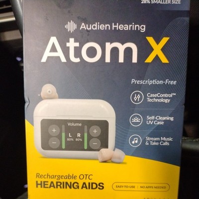 Audien Hearing Atom X Rechargeable OTC Hearing Aids Stream Music UV Case