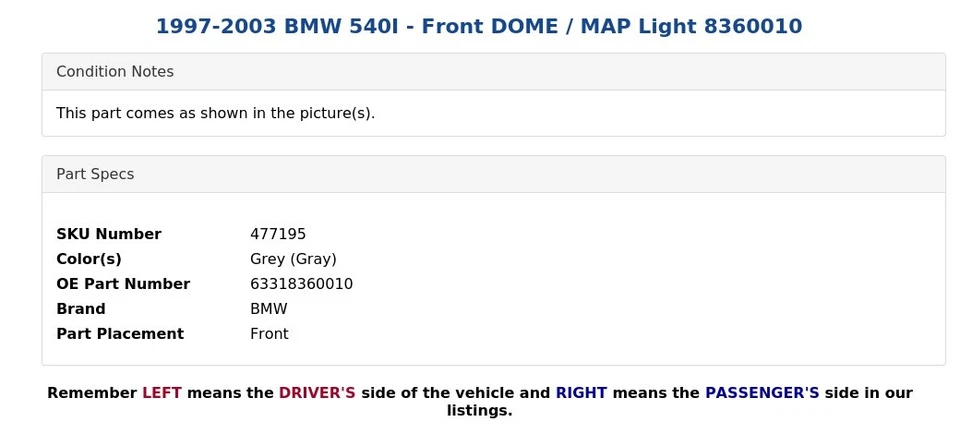 1997-2003 BMW 540I - Front DOME / MAP Light 8360010 - Image 4 of 4