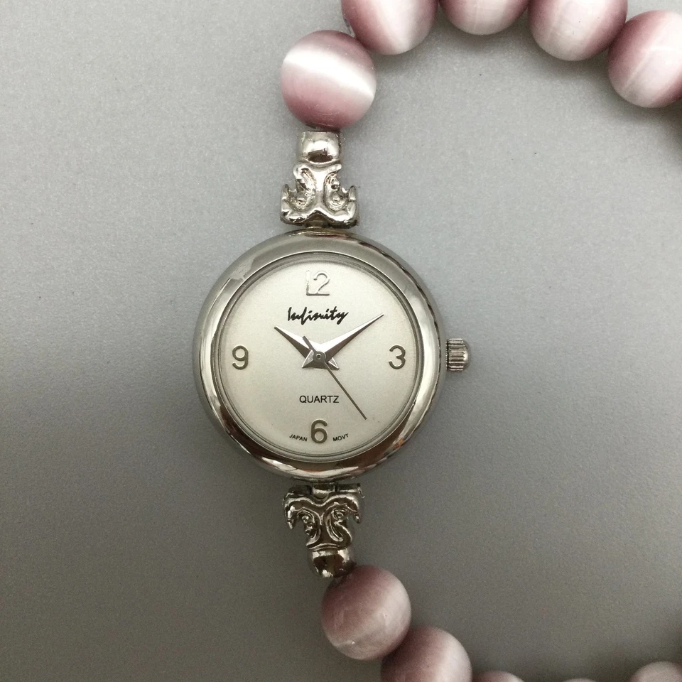 Reloj Infinity Mujer 22mm Rosa Cuentas Pulsera Tono Plata Batería Nueva 7.5" Foto 3 de 4