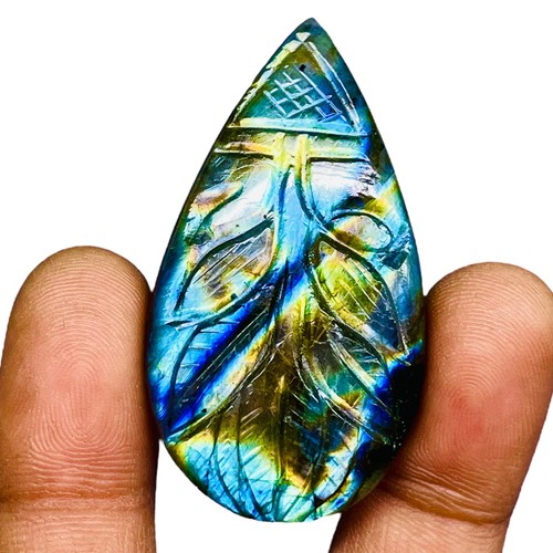 89.10 Cts Natural Carved Labradorite 50x27mm Pear Flashy Pendant Size Gemstone - Picture 3 of 9