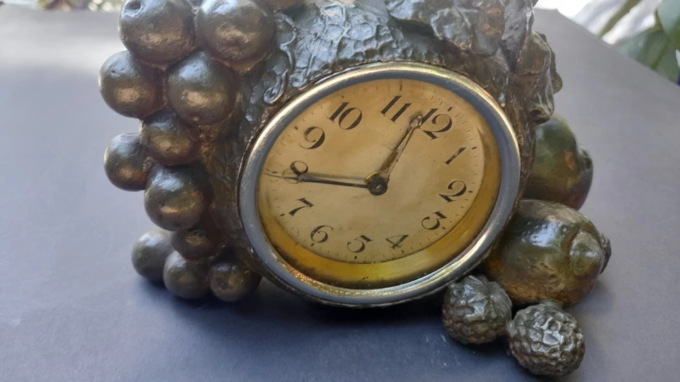 Antique Painted Spelter Small Table Clock w Fruit Design For PARTS / REPAIR - Image 2 of 4