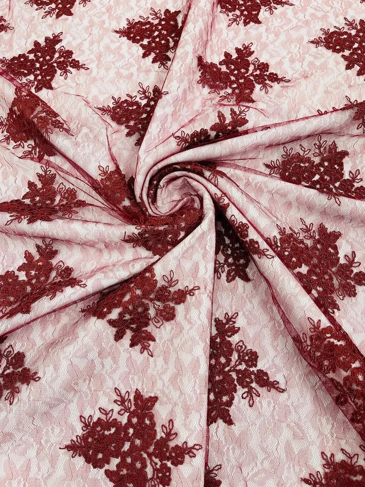 Floral Damask Corded Fabric - Burgundy Embroidered Floral Design with Damask - Image 3 of 4