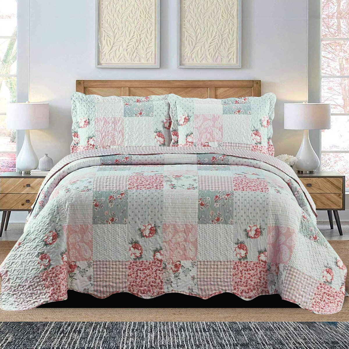 3 Piece Quilted Printed Patchwork Bedspread Comforter Set Single Double
