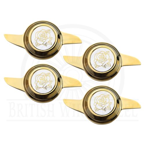 Gold KO Spinner Caps with Gold & White Rose Wire Wheel Chip Emblems, Set of 4 - Picture 15 of 59