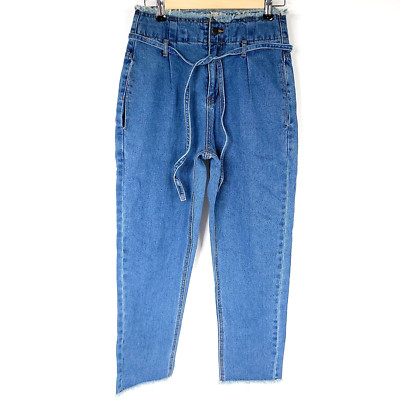 Gilli Womens Paper Bag Jeans Small High Waist Straight Denim Pants Belted Frayed